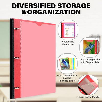 WOT I Telescoping Project Organizer, Refillable Binder with Dividers and Pockets, 13 Pocket Folders, 1 Inch 3 Ring Binder, Red