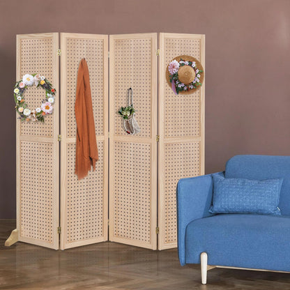 Bonnlo 4 Panel Pegboard Freestanding, 5 FT Portable Display Board Organizer for Craft Show Jewelry, Wooden Folding Privacy Screen Room Divider (with Base, Natural)
