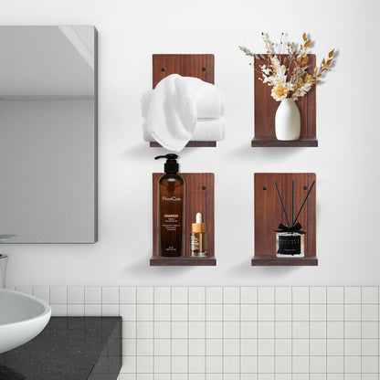 Small Wall Shelf Modern,Wooden Mini Floating Shelves,Indoor Wall Mounted Plants Shelf L Shaped,Midcentury Display Decorative Holder for Gallery Living Room Bedroom Porch,Pine,4 Pack(Rustic Walnut)
