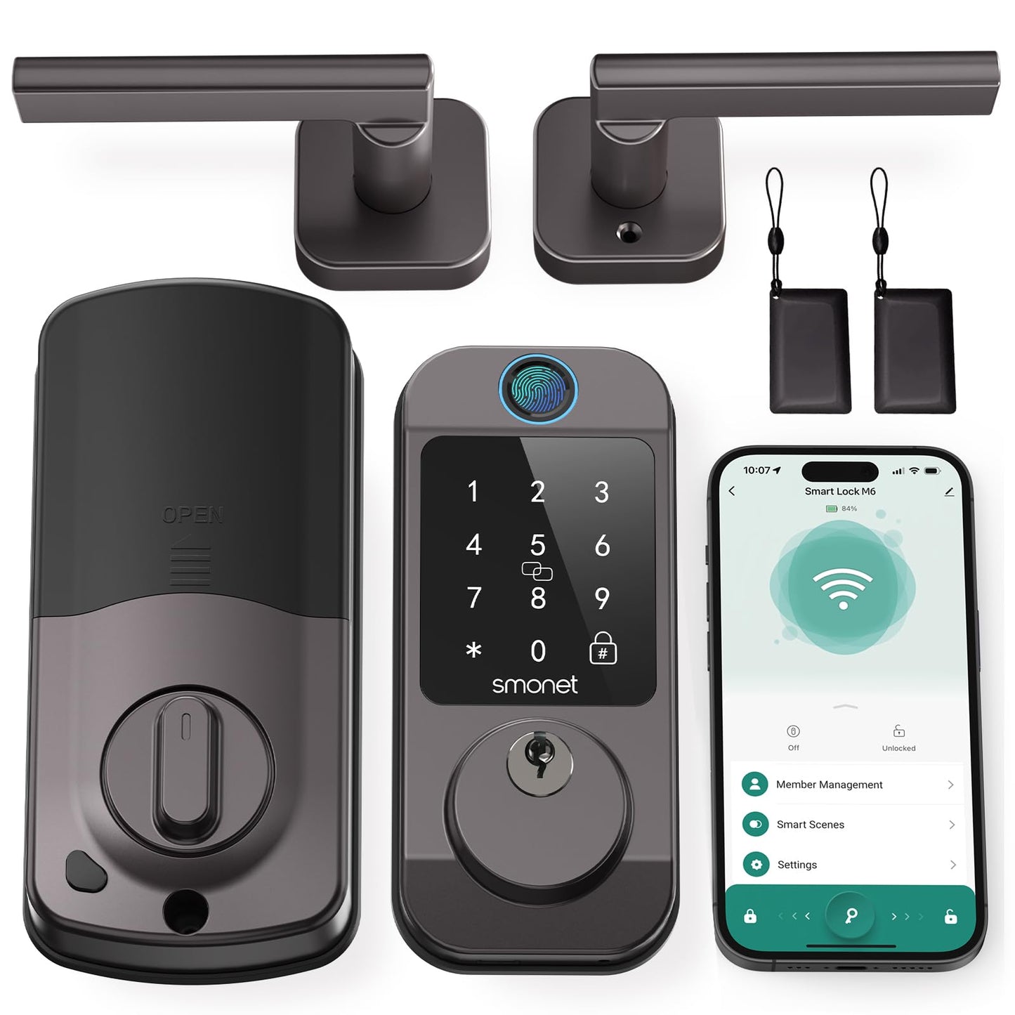 Keyless Door Lock with Handle Set - SMONET WiFi Fingerprint Smart Locks for Front Door, App Remote Control, Digital Bluetooth Keypad Deadbolt Set with Alexa, Auto Lock, Code, Fobs for Home Black