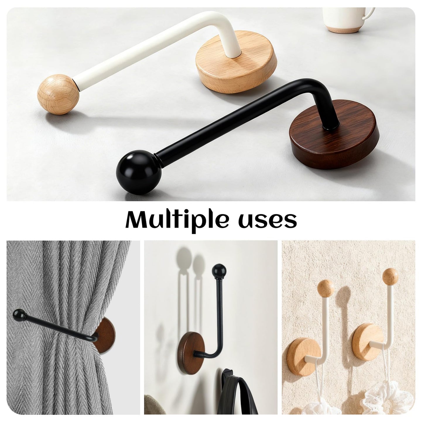 Earssa 2 Pack Adhesive Curtain Holdbacks no Drill Wood Curtain Tiebacks Wall Mounted Curtain Pull Backs Curtain Tie Backs for Drapes (Black)