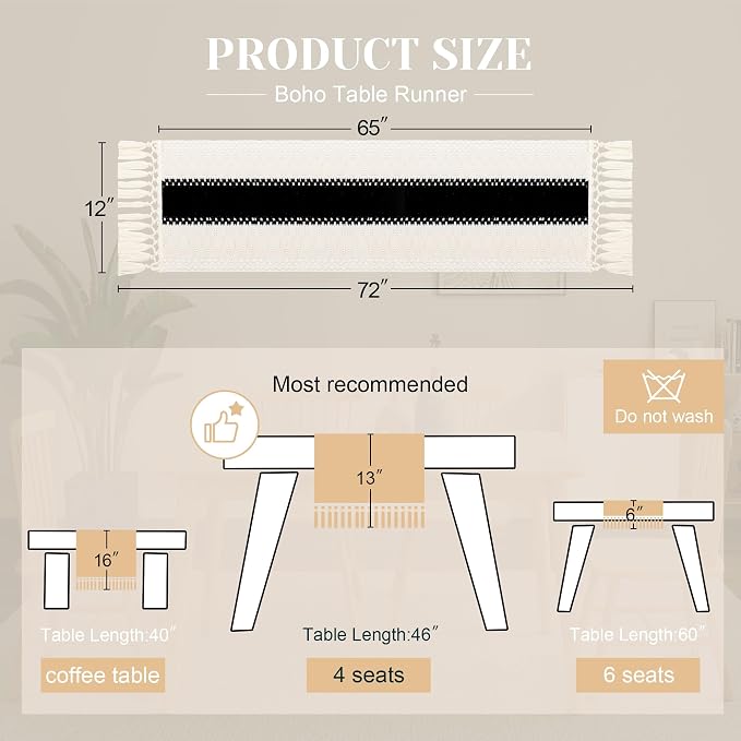 FEXIA Boho Table Runner for Summer Home Decor with Tassels 72 Inches Long Farmhouse Rustic Black Gothic Table Runner Macrame Gothic Burlap Table Decoration for Kitchen Living Room (12x72 Inches)