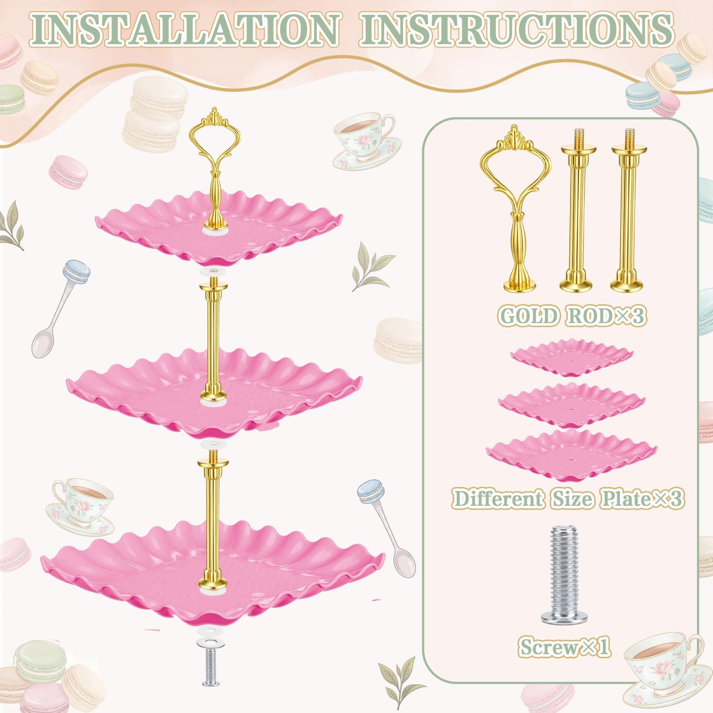 Remerry 16 Pcs Dessert Table Display Set 3 Tier Cupcake Stands Tower Holder Plastic Cookie Serving Trays Gold Serving Tongs for Tea Party Wedding Baby Shower Birthday Table Display (Pink and Green)