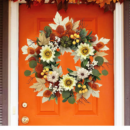 20 Inch Fall Sunflower Wreath for Front Door, Artificial Autumn Wreath with Pumpkins, Berries, White Sunflowers and Silk Leaves for Thanksgiving Farmhouse Home Window Wall Office Indoor Outdoor Decor