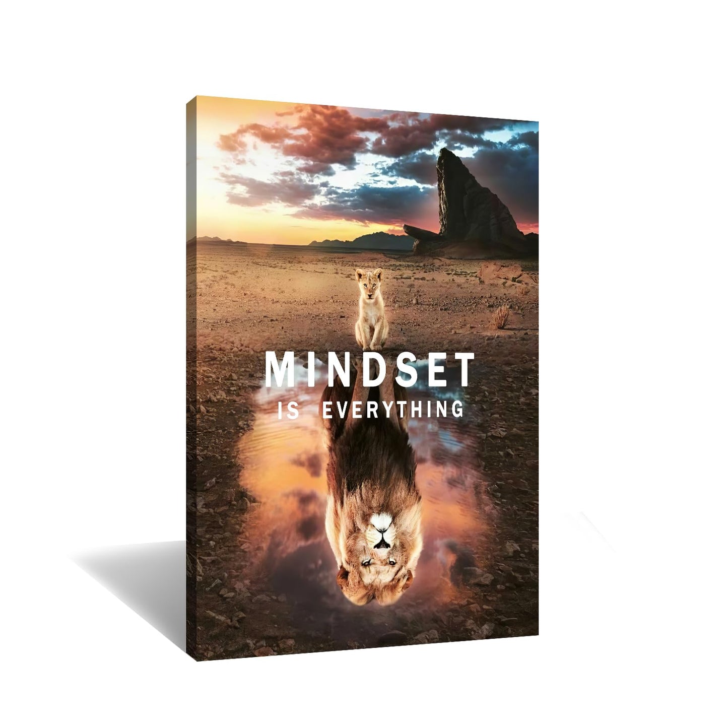 Inspirational Canvas Painting Small Cat and Big Lions Mindset is Everything Wall Art Cute Animal Poster Prints Wall Pictures for Office Living Room Home Decor Framed Ready to Hang [12''W x 18''H]