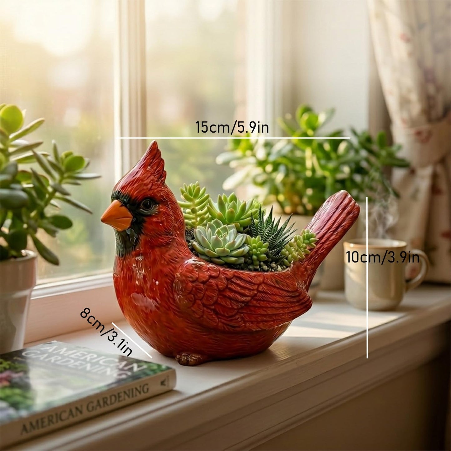 Cardinal Bird Succulent Planter,Resin Decorative Flower Pots for Indoor Outdoor Plants,Cute Animal Plant Pot,with Drainage Hole,Unique Garden Windowsill Desk Decor Gift for Bird Lovers (Green)