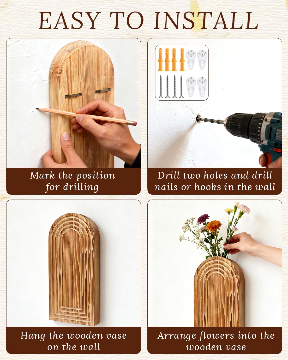 Wooden Wall Vase Set of 2 - Boho Natural Wood Wall Hanging Planter for Plants & Flowers,Modern Farmhouse Wall-Mounted Planters for Living Room,Entryway,Kitchen,Patio,Hallway,Wall Art for Home Decor