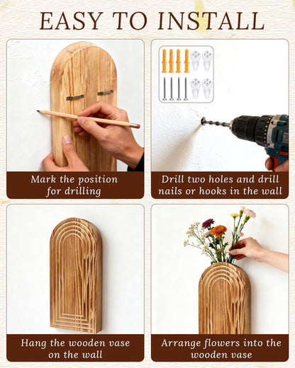 Wooden Wall Vase Set of 2 - Boho Natural Wood Wall Hanging Planter for Plants & Flowers,Modern Farmhouse Wall-Mounted Planters for Living Room,Entryway,Kitchen,Patio,Hallway,Wall Art for Home Decor