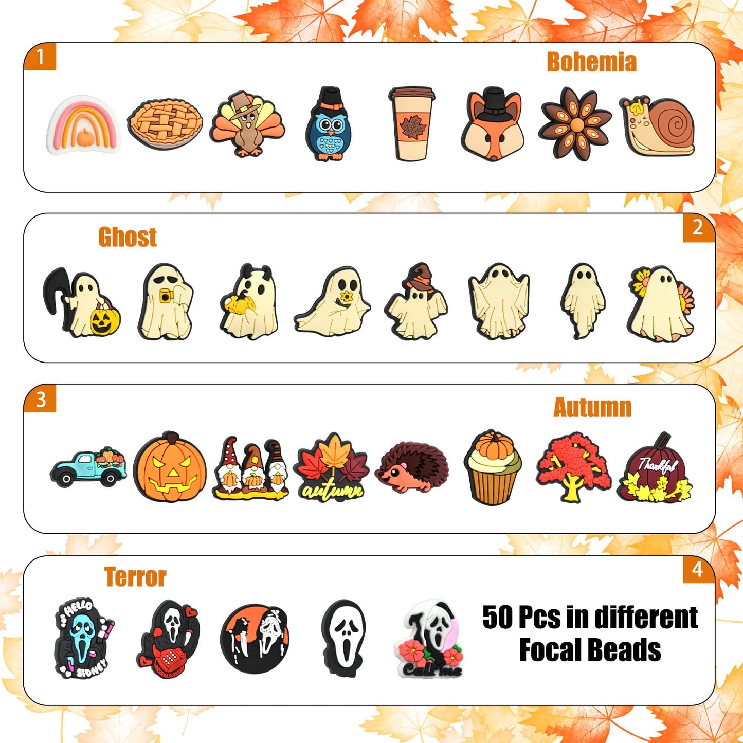 YOKUSHI 50 Pcs Halloween Focal Beads for Pens Bulk, Fall Spooky Charms Loose Rubber Pumpkin Ghost Shaped Bead for Keychain DIY Beadable Pens Making Supplies (Autumn)
