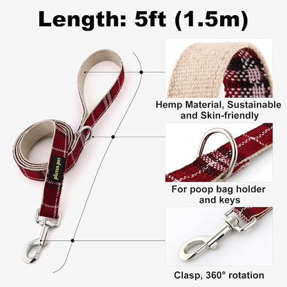 Plutus Pet Cotton Hemp Dog Collar and Leash Set, Adjustable Collar for Small, Medium, and Large Dogs, Heavy Duty and Soft on Skin, Red Plaid, XL