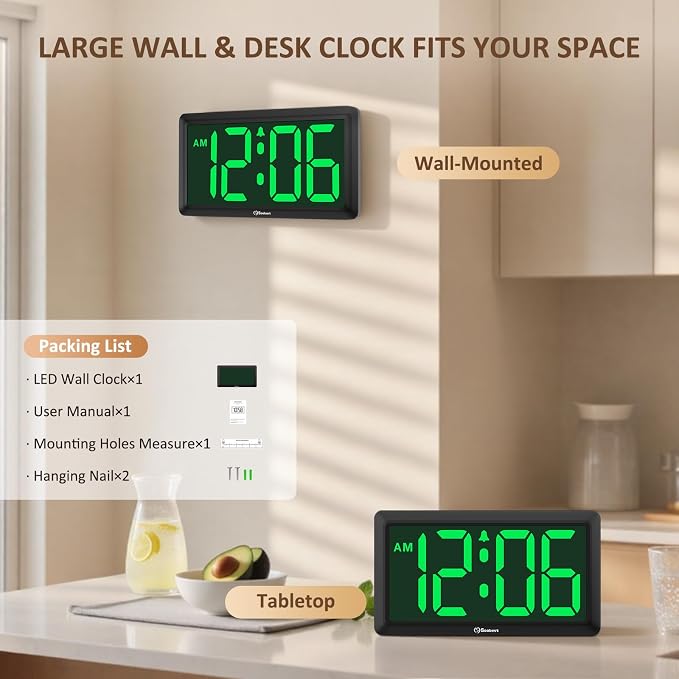 Soobest 9.5 Inch Large LED Digital Wall Clock Battery Operated, Auto & Manual Dimmer Display, Easy to Read 3.2'' Big Digit with Alarm for Seniors, Modern Decor for Living Room, Bedroom, Office (Green)