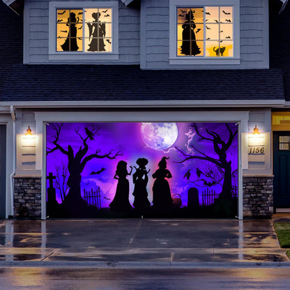 7 x 16 Ft Halloween Garage Door Cover Decorations Outdoor, Large Hocus Pocus Witches Silhouette Decor, Scary Double Garage Buddy Halloween for Home Wall Window Patio Yard Outside