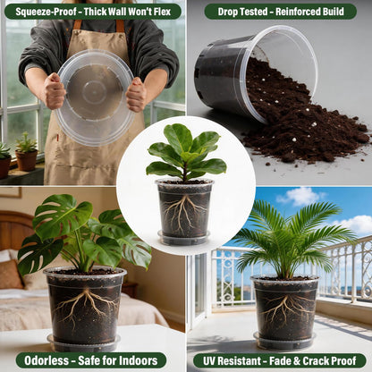 BTPLASTIK 1/2/3/5 Gallon Clear Nursery Pots with Saucers 4 Size Set 12P, Round Plastic Plant Pots with Drainage Holes