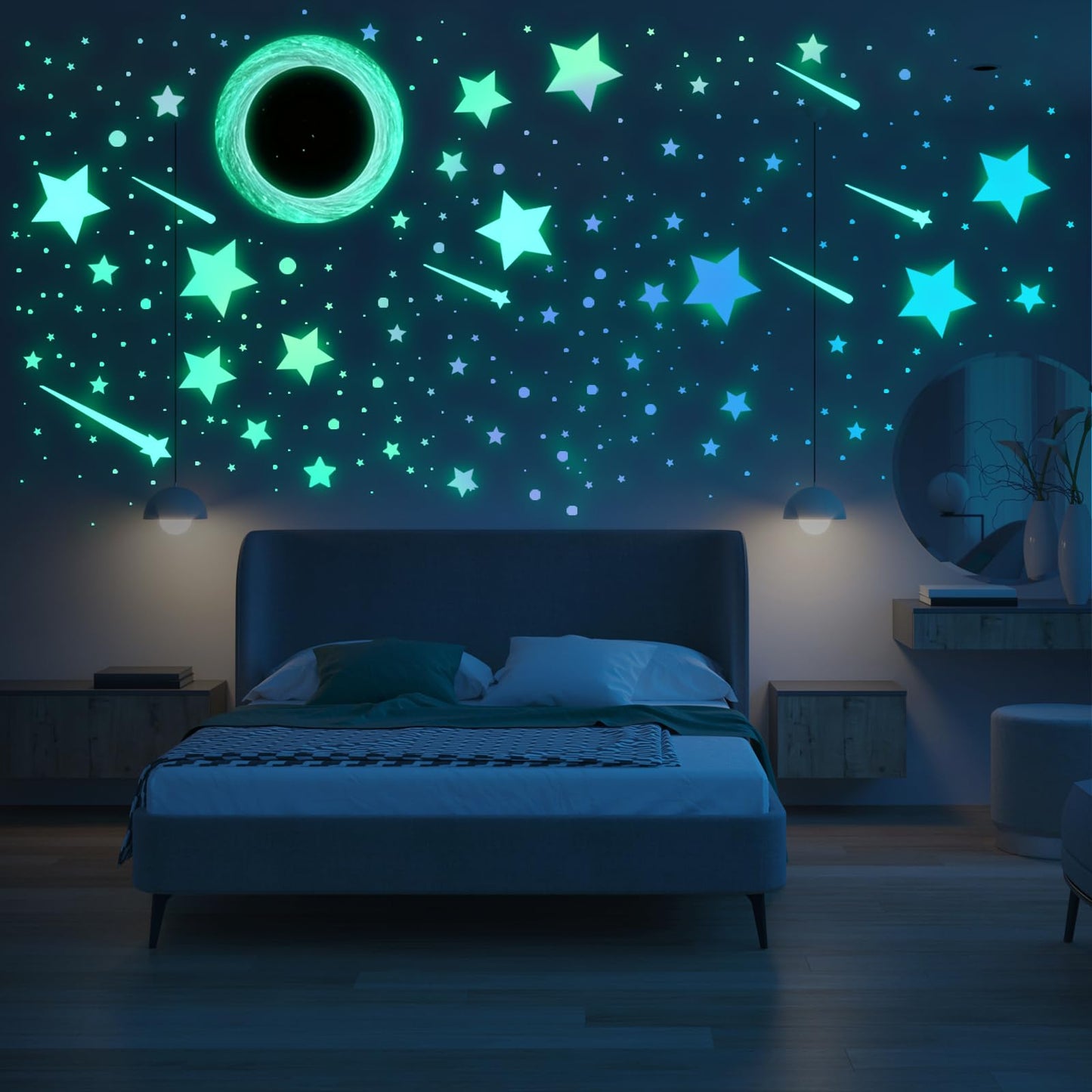 Glow in The Dark Black Hole Wall Stickers Iridescent Star with Meteor Galaxy Decals Peel and Stick Funny Art Decor for Kids Room, Bedroom (Galaxy)