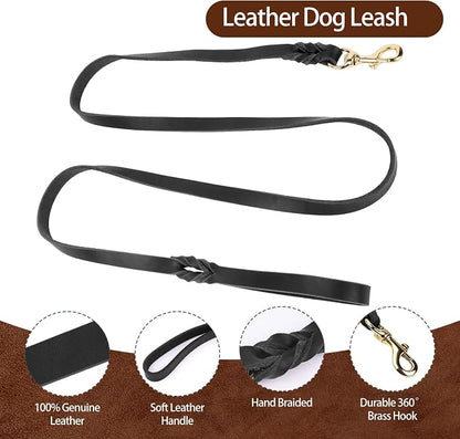 Leather Dog Collar and Leash Set, 6FT Heavy Duty Leather Training Leash with Adjustable Dog Collar, Soft and Durable Dogs Leashes and Collars Set for Small Medium Large Dogs (Black, L)
