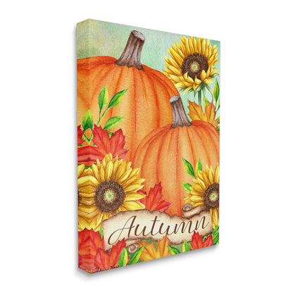 Stupell Industries Autumn Pumpkins with Sunflowers Red Leaves, Design by Sheri Hart Canvas Wall Art, 16 x 20, Orange