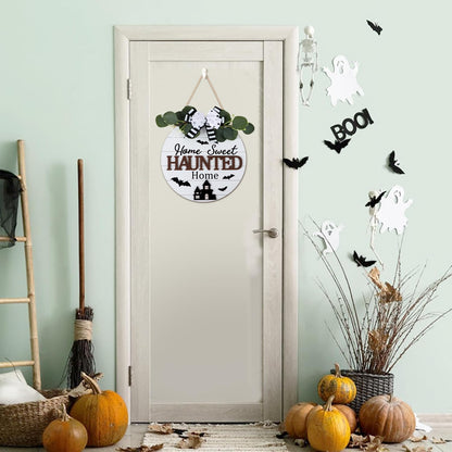 HOURIA Happy Halloween Wreaths Wooden Sign (11.4”x11.4”),3D Home Sweet Haunted Home Door Sign,Rustic Halloween Themed Castle Bat Wall Hanging Sign for Front Door Party Farmhouse Office