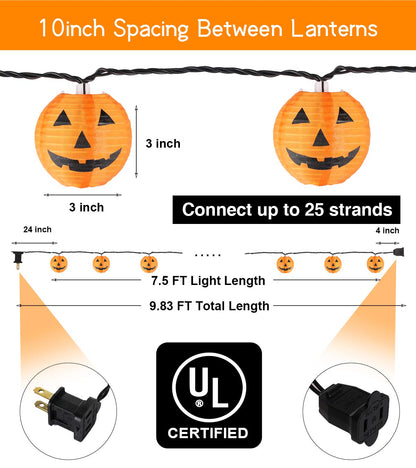 TIGOMOOV Halloween Lantern String Lights, Jack O Lanterns Pumpkin String Lights Plug in, 10 Orange Lights String 9.83FT Connectable Indoor/Outdoor Halloween Decorations