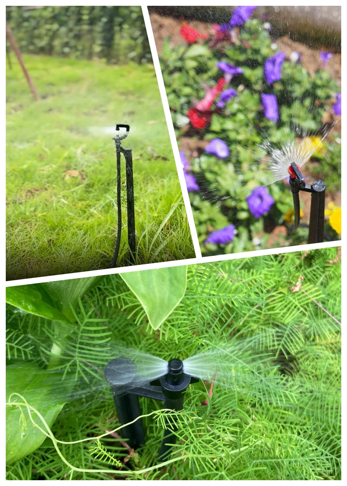 Drip Irrigation Micro Spray Emiters: 180° 360° and Rectangular Sprinkler Nozzles 3 pcs Each, with 1/4-Inch Tubing and Barbed Inlet on 20-Inch High Stake 9 pcs