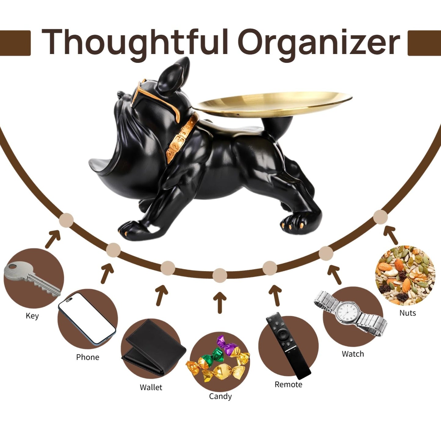 Nagpew French Bulldog Tray, Resin Bulldog Statue Candy Dish, Cool Black Key Holder Jewelry Bowl Decor for Entryway, Table, Office, Modern Art