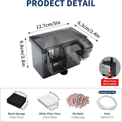 Hang-on-Back Aquarium Filter Box with Reusable Filter Media, Waterfall Oxygenation, Fits High & Low Water Level, for 1-5 Gallon Fish & Turtle Tank (Pump Not Included)
