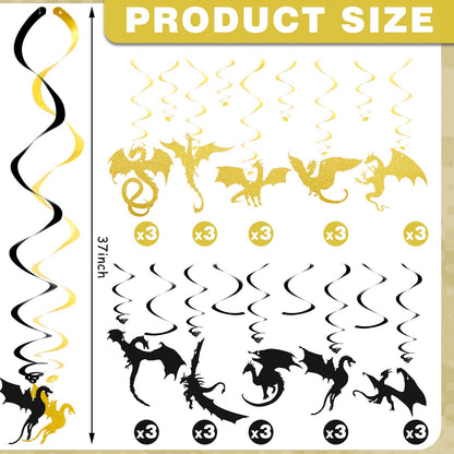 Sumind 30 Pcs Dragon Hanging Swirls Party Decorations, Black and Gold Dragon Ceiling Hanging Decor for Medieval Fantasy Themed Birthday Party Supplies, 10 Designs