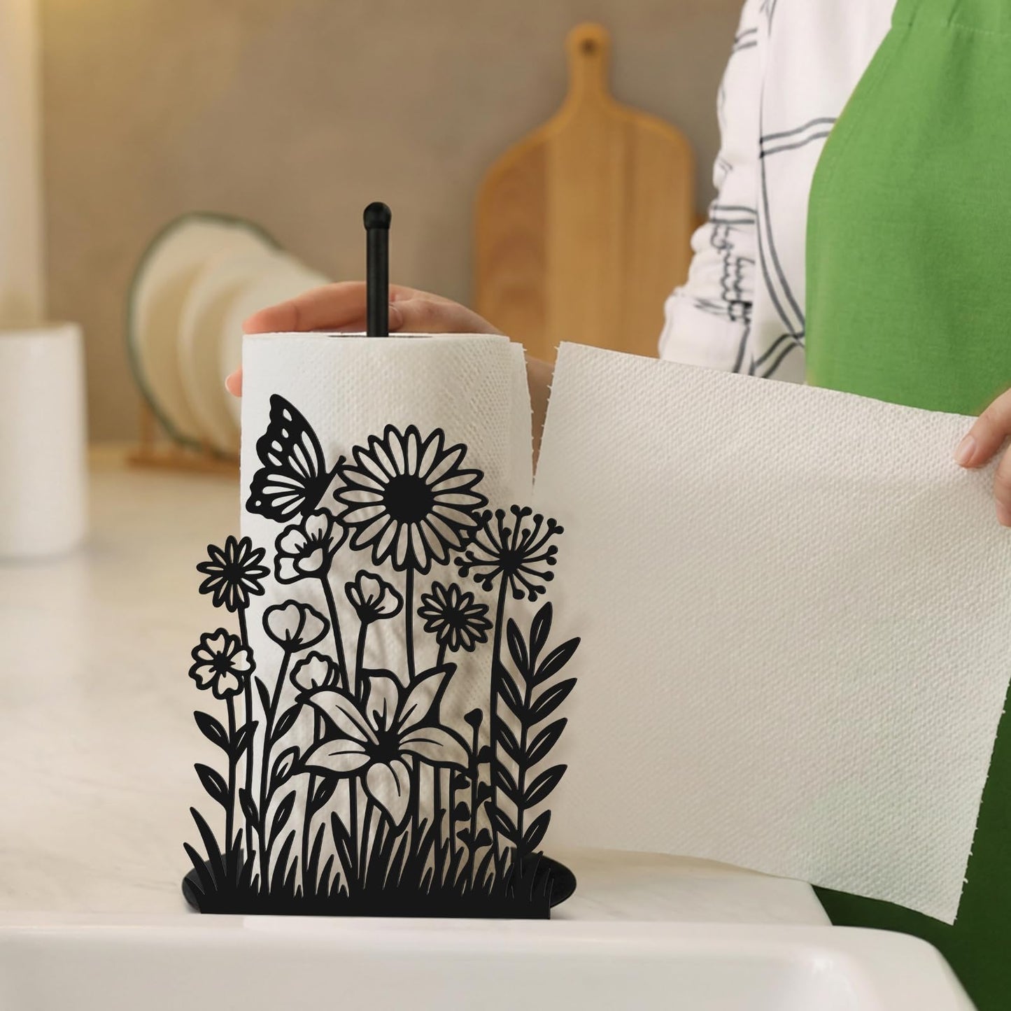 Yiyiring Wildflower Kitchen Countertop Paper Towel Holder Decorative Paper Towel Holder Black Metal Tissue Stand Kitchen Decor Accessories for Home Party Bathroom Countertop Dining Table