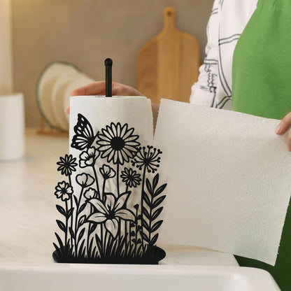 Yiyiring Wildflower Kitchen Countertop Paper Towel Holder Decorative Paper Towel Holder Black Metal Tissue Stand Kitchen Decor Accessories for Home Party Bathroom Countertop Dining Table