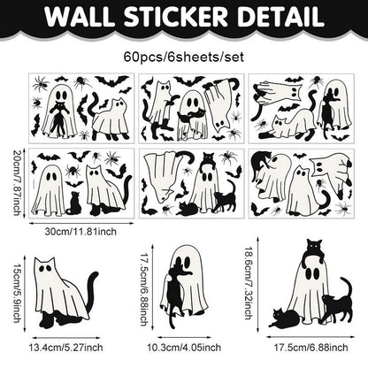 6 Sheets Halloween Window Clings Ghost Window Stickers Halloween Cute Black Cat Bat Designs Double-Side Glass Decals for Home Office Party Favor Windows Glass Decoration Supplies