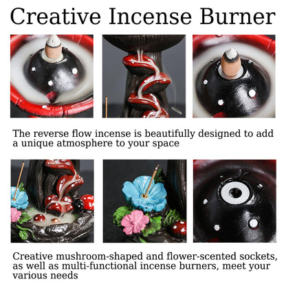 Mushroom Backflow Incense Holder, Resin Aromatherapy Decor with Smoke Cascade Effect for Home Relaxation, Meditate Stress Relief Waterfall Incense Burner Fountain with Cones Zen Room Decor