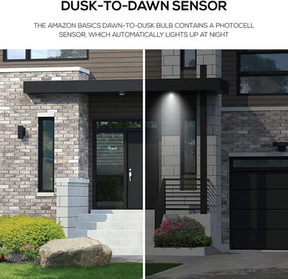 Amazon Basics A19 Dusk to Dawn Sensor LED Outdoor Light Bulb, 60W Equivalent, Energy-Efficient 9W, Daylight 5000K, E26 Base, 10,000 Hours, 2 Count (Pack of 1)