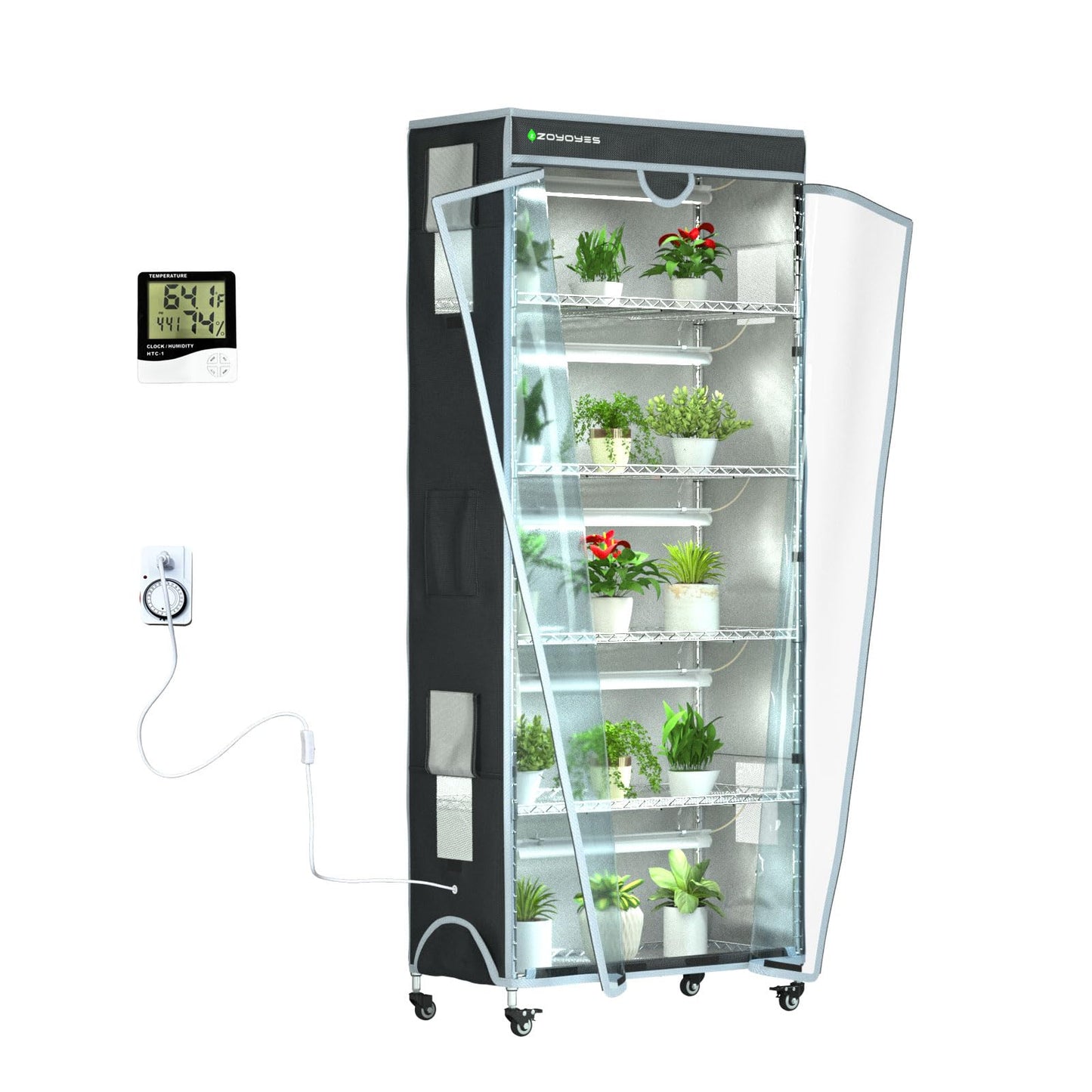 ZOYOYES Indoor Greenhouse 6-Tier Plant Rack with Cover, 5 T8 Grow Lights, Thermometer & Timer – Seedlings, Flowering, Herbs & Vegetables, Indoor Gardening, Easy Assembly 30" W x 14" D x 72" H