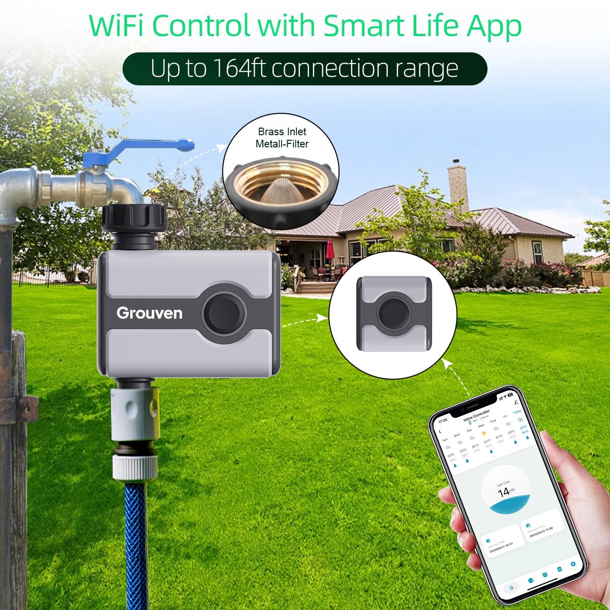 WiFi Sprinkler Timer Brass Inlet Water Timer for Outdoor Lawn & Garden APP Remote Control via 2.4Ghz WiFi and Bluetooth, Easy Faucet Installation, Smart Automatic Irrigation System
