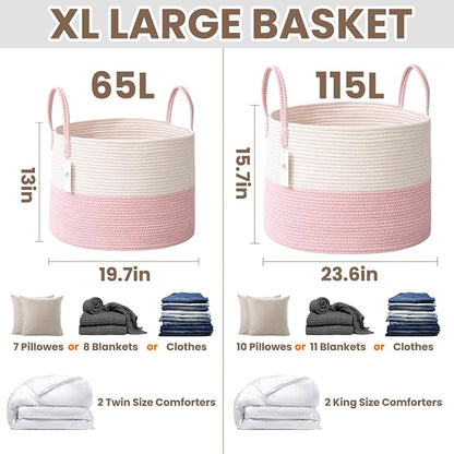 JMvicyroam 65L Extra Large Blanket Basket for Living Room - Woven Cotton Rope Laundry Hamper with Reinforced Handles - Storage Bin for Pillows, Comforters & Toys - Machine Washable,White&Pink