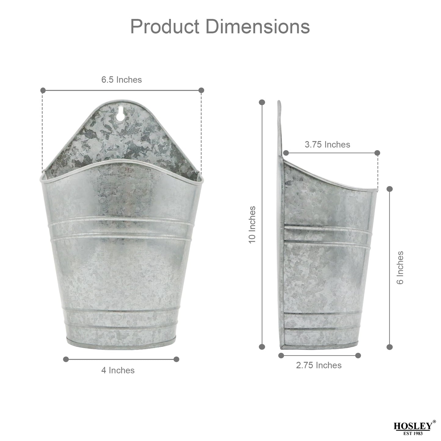 Hosley Set of 2 Galvanized Wall Planters, 10 Inch Hanging Metal Buckets for Indoor Outdoor Garden, Farmhouse Wall Decor, Rustic Patio & Balcony Planter Pots