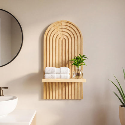 KMUXXIN Boho Wall Shelf, 14" MCM Arched Decorative Floating Shelves, Wooden Round Shelf for Plants, Entryway, Bathroom & Bedroom, Natural Oak