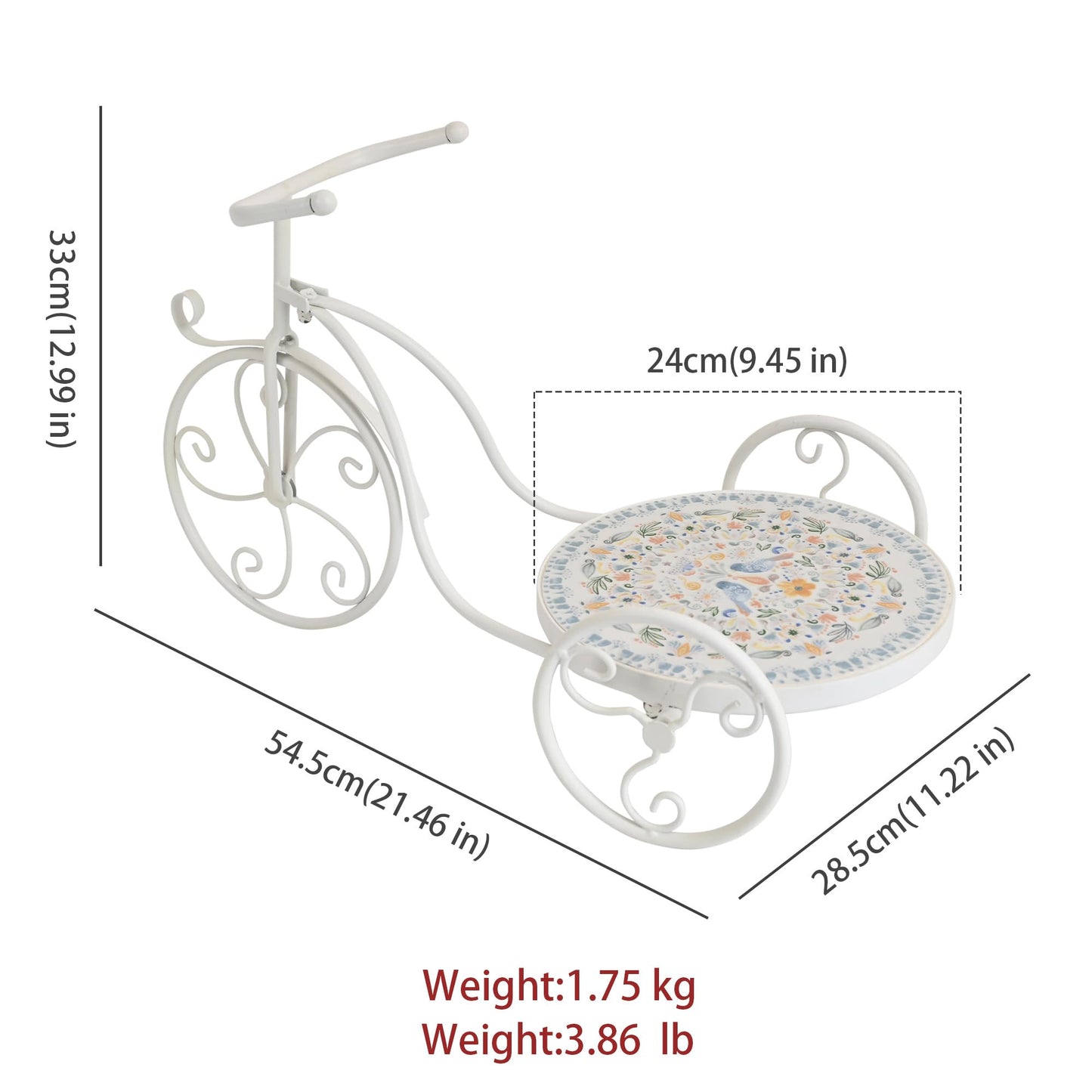 Zorvynelle Metal Bicycle Plant Stand Display Tricycle Plant Rack Flower Holder with Round Ceramic Tile Nesting Tray for Indoor Outdoor Home Garden Patio Wedding Garden Decor