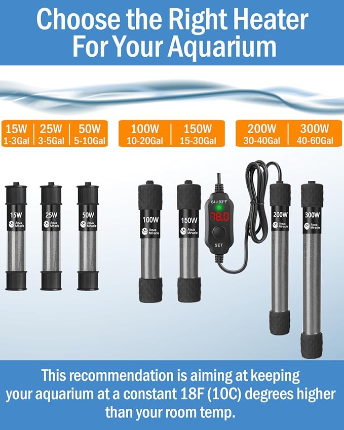 AquaMiracle Aquarium Heater 300W Fish Tank Heater for 40-60 Gal Tanks, LED Digital Display Thermostat Turtle Heater with Out-of-Water Auto Shut-Off, Overheat Protection & Memory Function