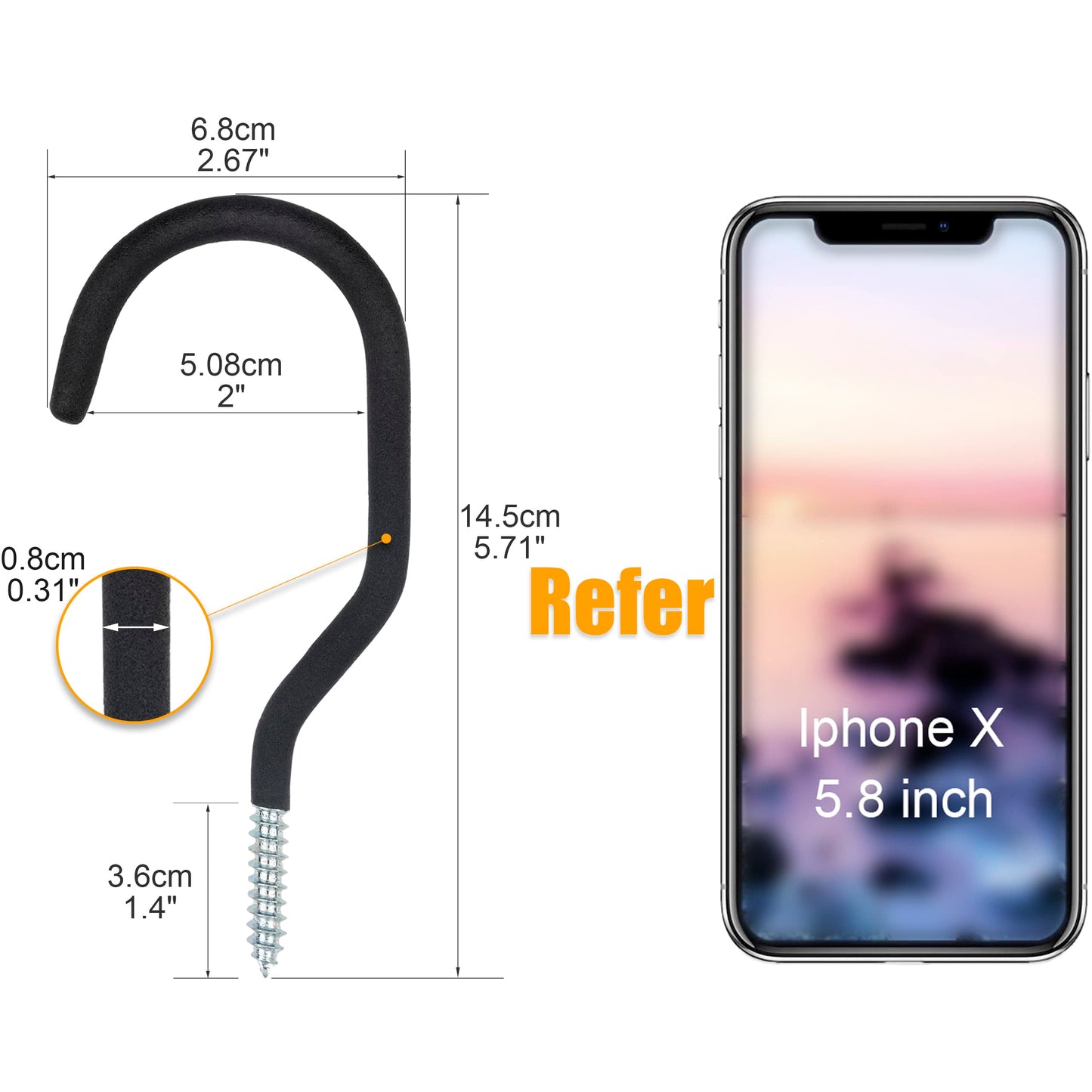 KURUI Large Heavy Duty Screw Hooks for Hanging Plants, Outdoor String Lights, Bike, 8 Pack Ceiling Hooks for Garage Organization and Storage, Black No Drill Wall Hangers