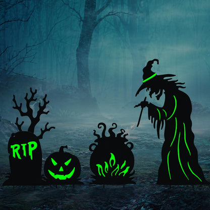 3 Pack Halloween Yard Signs Outdoor Decorations - Glow in the Dark Scary Witch Tombstone Cauldron Metal Stakes, Waterproof Fluorescent Lawn Garden Halloween Decor for Graveyard Party (Witch Tombstone Cauldron, 3 Pack)