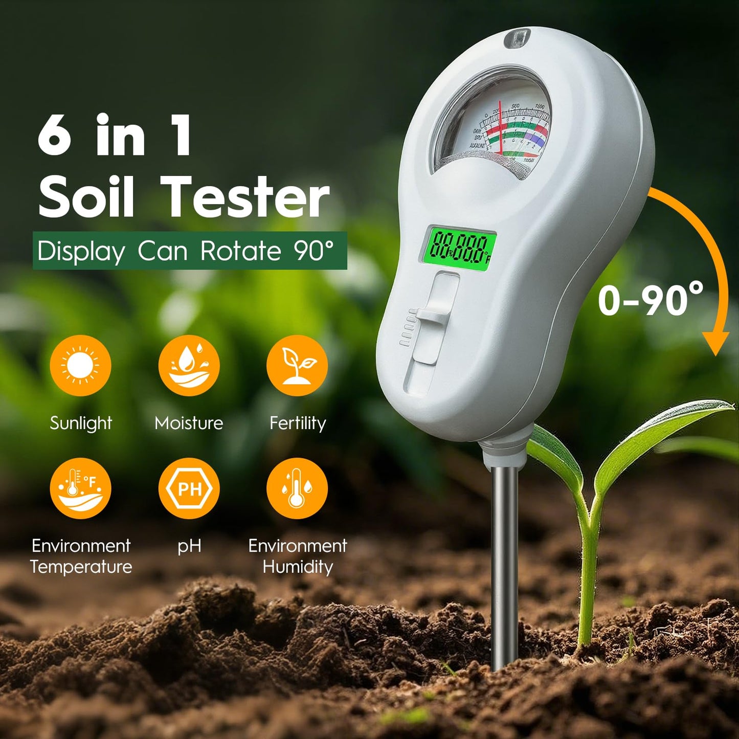 6-in-one Soil Test Kit-Soil Moisture Meter/PH Meter/Fertility/Sunlight Intensity Soil Tester, LCD Air Hygrometer&Temperature Moisture Meter for Plants-Garden, Lawn,Farm,1 Pack Detachable Probe
