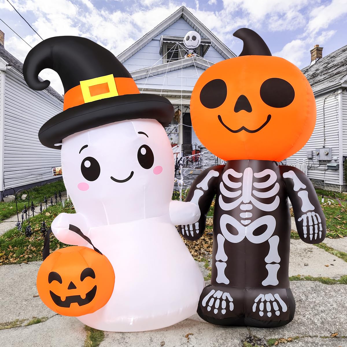 GOOSH 5.4FT Halloween Inflatables Outdoor Decoration Blow Up Yard Cute Ghost and Skull Pumpkin with Built-in LEDs for Indoor Party Garden Lawn Holiday Decor