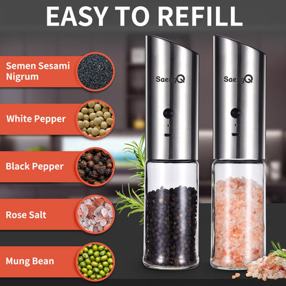 Electric Salt and Pepper Grinder Set - USB Rechargeable Gravity Salt and Pepper Shakers, Automatic Glass Mill with Adjustable Coarseness, LED Light, One-Hand Operation for Kitchen & Dining