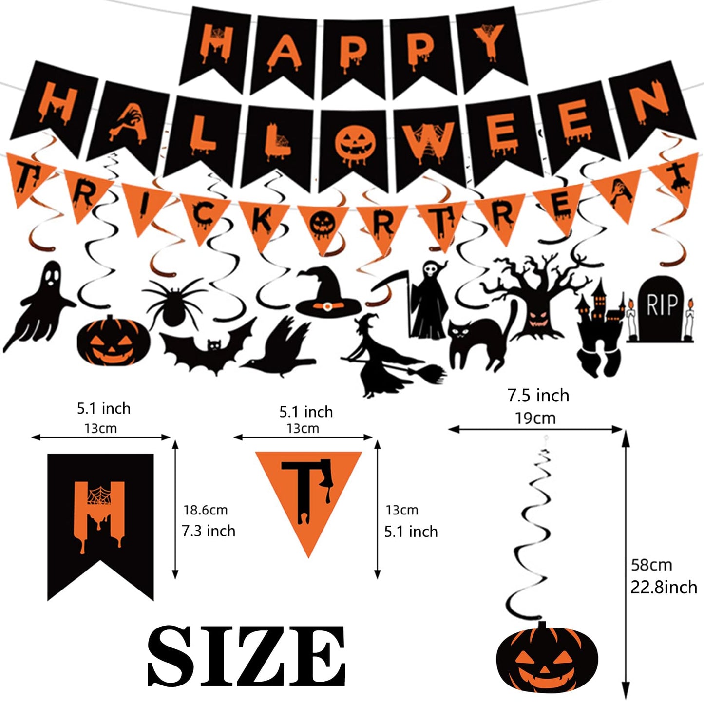 Halloween Decorations Indoor Party Decor, HAPPY HALLOWEEN Accessories with TRICK OR TREAT Banner, 3 PCS Large Garland Bat Ghost Pumpkin, Hanging Party Supplies Backdrop for Home Office Classroom