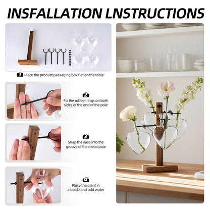 Plant Propagation Station with Acacia Wood Stand, 4 Heart-Shaped Propagation Vases for Plants, Unique Terrarium Kit for Office and Home Decor, Gifts for Plant Lovers