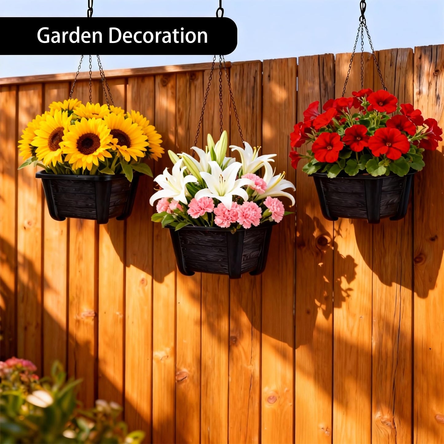 summer flower 3 Pack Hanging Planters for Railing, 9.84 Inch Plastic Window Box with Drain Hole Plug, Indoor Outdoor Flower Pots for Balcony Fence Garden Decor (Black)