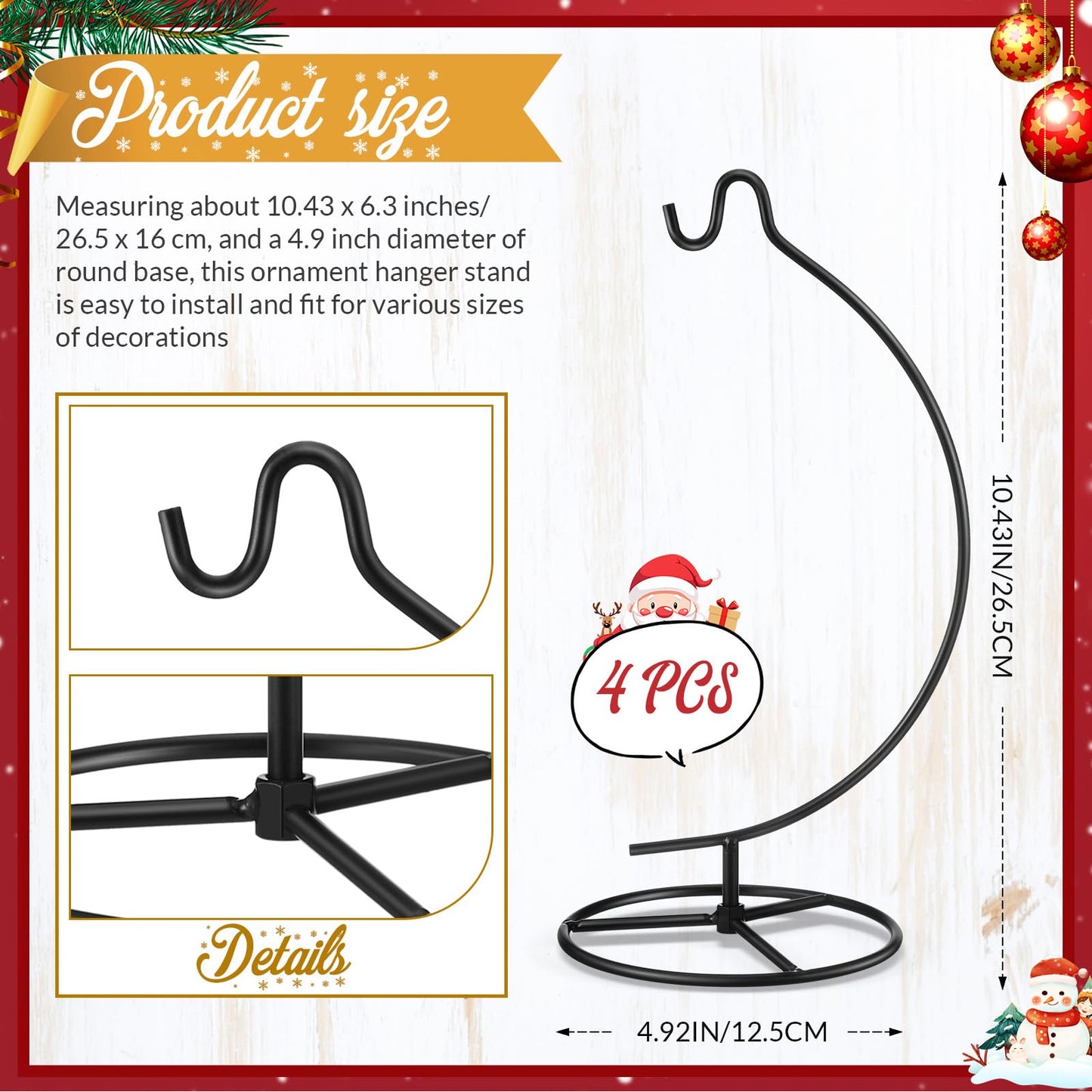 Baderke 4 Pack Ornament Display Stand, 10.43" Height Ornament Hanger, Air Plant Holder Terrariums Hanging Stand Crystal Witch Ball Hanging Hook for Christmas Wedding Home Office Decoration (Black)