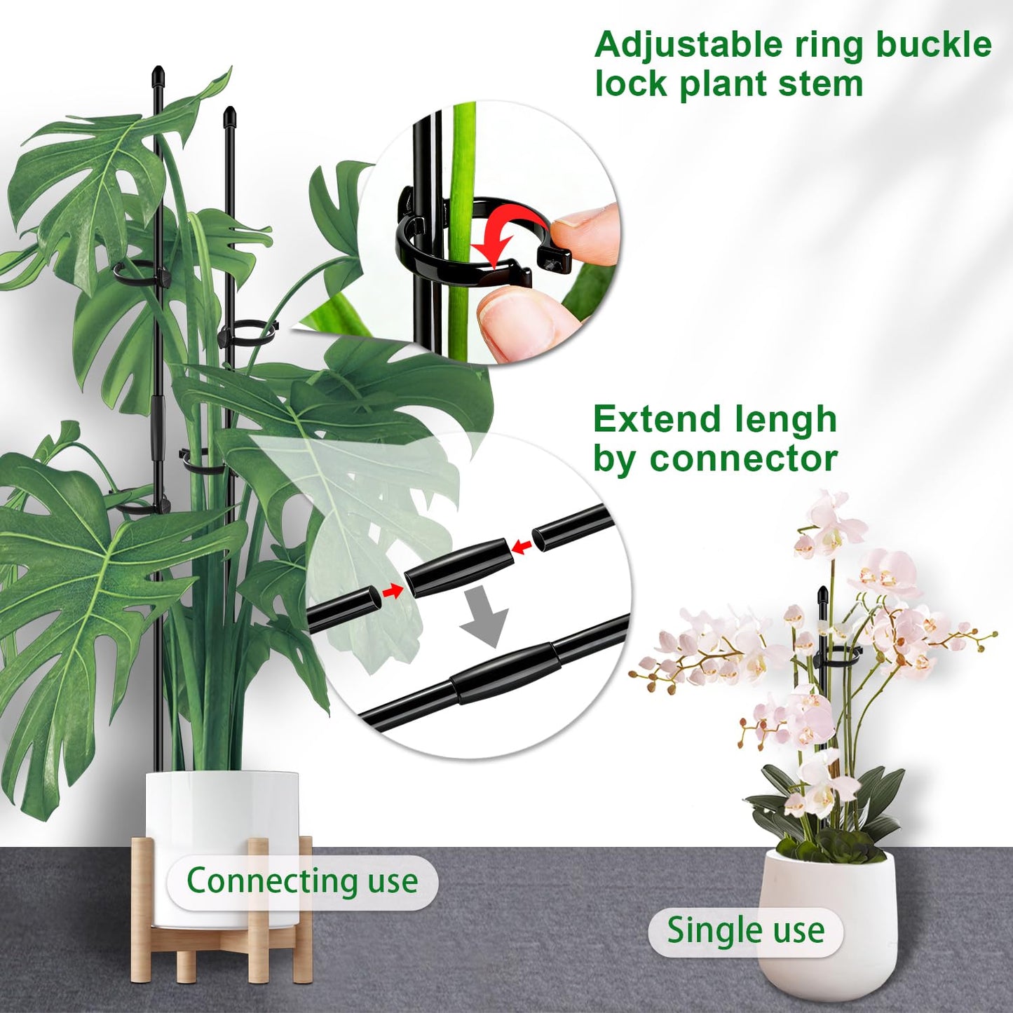 30Pcs Plant Support Stakes 17 inch SupKing Garden Orchid Sticks Extended to 3ft 4ft 5ft Plant Poles with Clips for Indoor Outdoor Potted Tomato Rose Amaryllis Vegetables Comes with 20 Ties(Black)