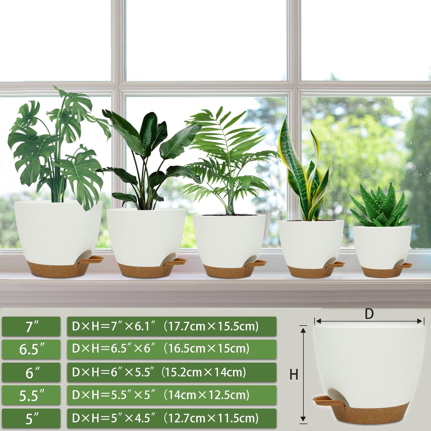 Self Watering Planters with Drainage Holes Reservoir,Nursery Planting Pot for Indoor Decor Garden Plants Succulents,Snake Plant, African Violet,Plastic Flower Pots Set 7+6.5+6+5.5+5 Inch (White)