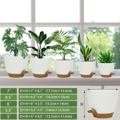 Self Watering Planters with Drainage Holes Reservoir,Nursery Planting Pot for Indoor Decor Garden Plants Succulents,Snake Plant, African Violet,Plastic Flower Pots Set 7+6.5+6+5.5+5 Inch (White)